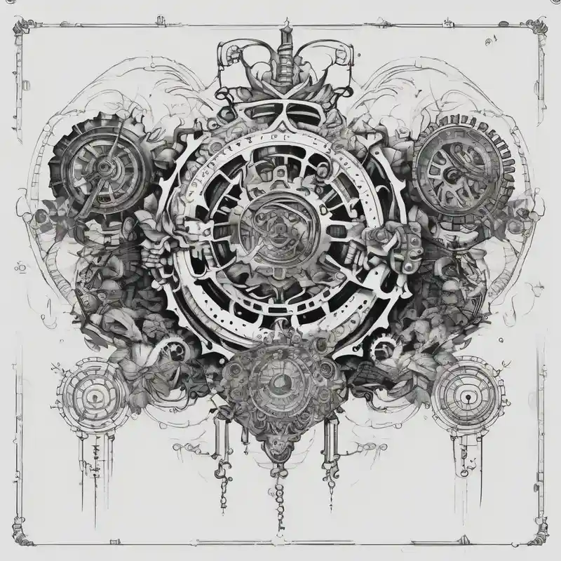 tattoo design for back spine with techno mechanical aspects representing life and eternity. sprockets gears screws levers